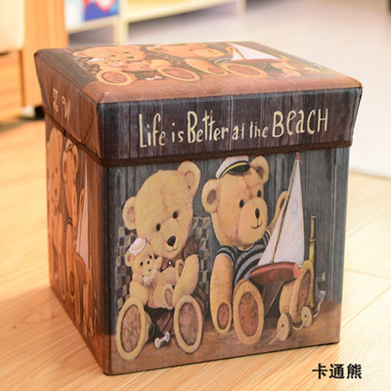 收纳凳储物凳可坐凳子多功能沙发凳换鞋凳卡通玩具带盖折叠鞋柜_6 卡通熊30*30cm