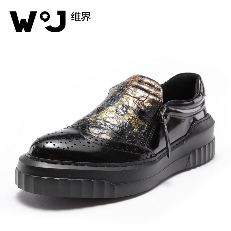 维界色彩独特新款牛皮擦色套脚布洛克休闲鞋 黑色 43