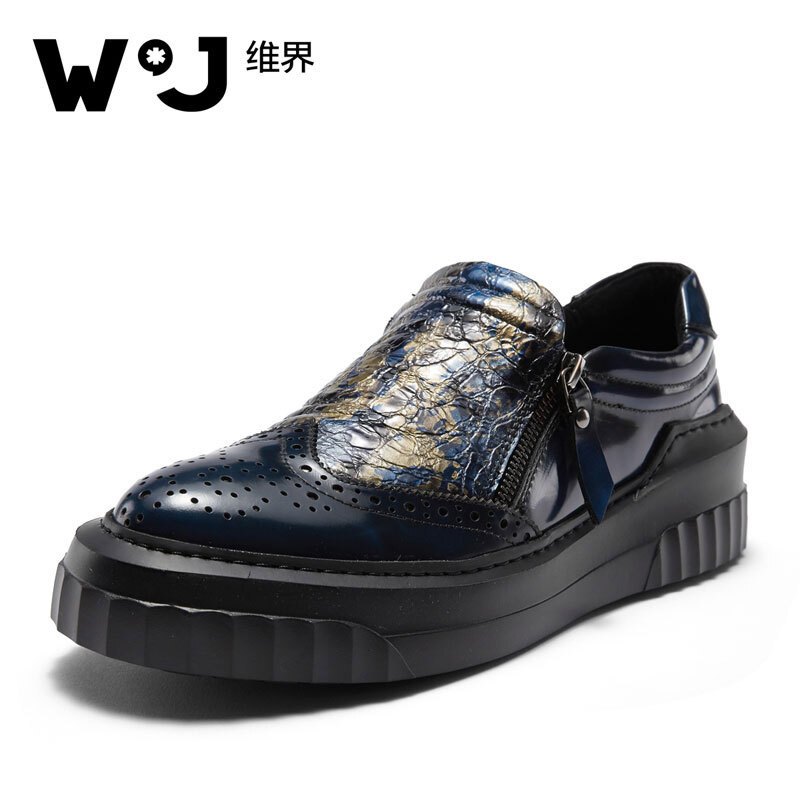 维界色彩独特新款牛皮擦色套脚布洛克休闲鞋 蓝色 38