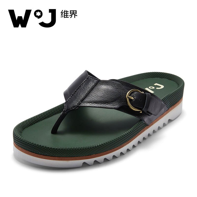 维界WATCHJADY拖鞋 防滑舒适新款牛皮百搭勃肯鞋人字拖 绿黑色 38 绿黑色 43
