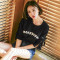 韩都衣舍2018新款女装夏装新款印花宽松绑带短袖T恤HH0911堯 L 黑色