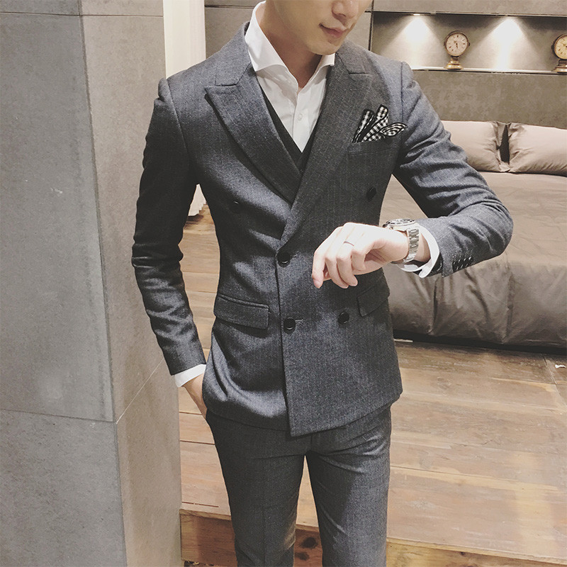 18款式商务正装男士双排扣西服套装三件套新郎结婚礼服韩版英伦西装外套 48 灰色（两件套）双排扣