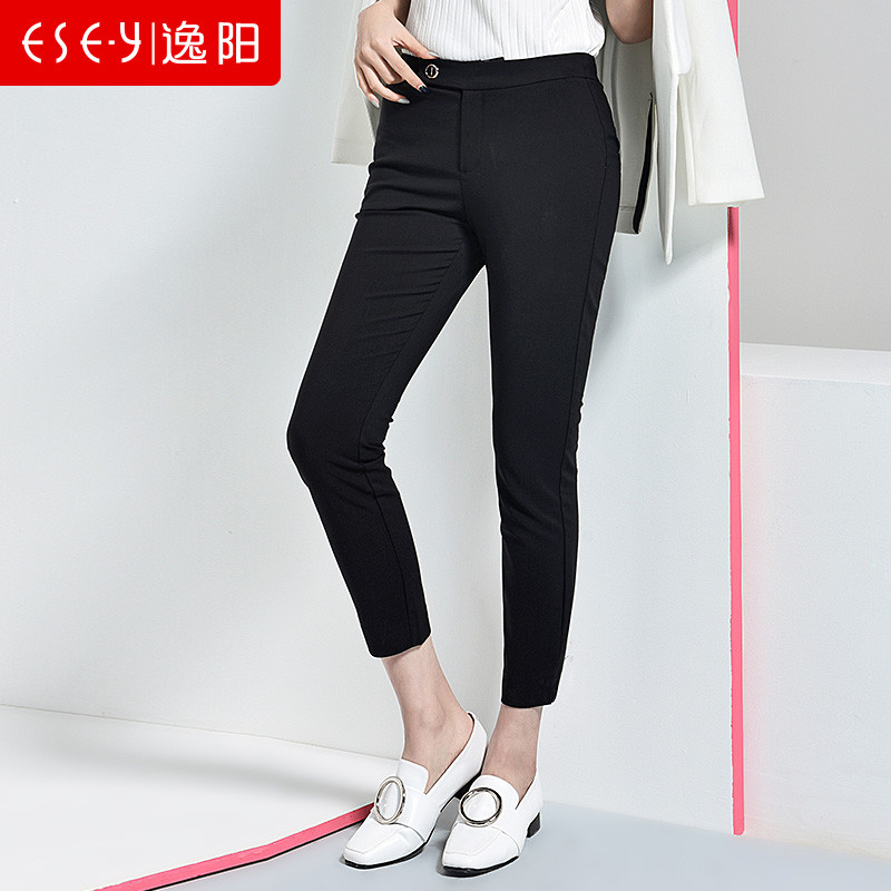 【品牌清仓】女裤2018春季黑色九分铅笔裤棉锦职业休闲裤女70006_3 32/17 黑色