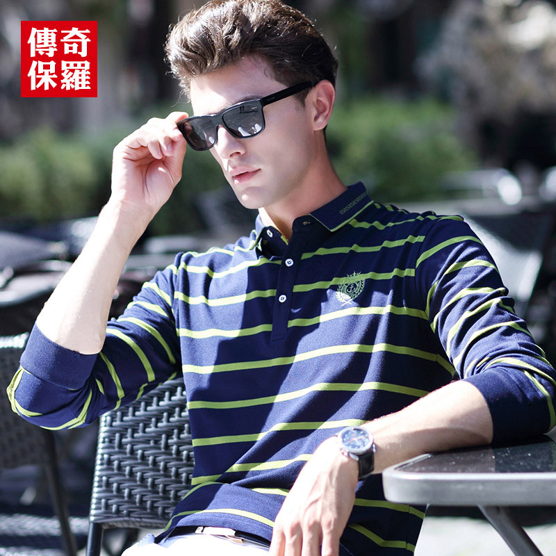 传奇保罗长袖T恤男男士条纹polo衫时尚休闲翻领2018春季新款衣服 2XL 果绿色