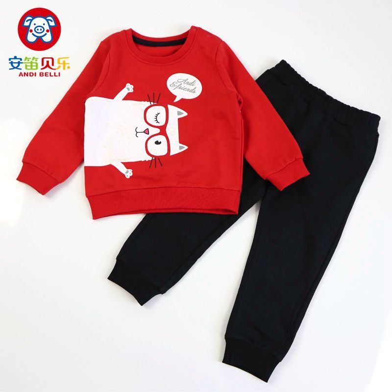 安笛贝乐童装男女通用纯棉套装春秋装中小童套头卫衣男女孩两件套儿童运动套装红色配黑色80-120cm 红色 80#适合身高75-80cm