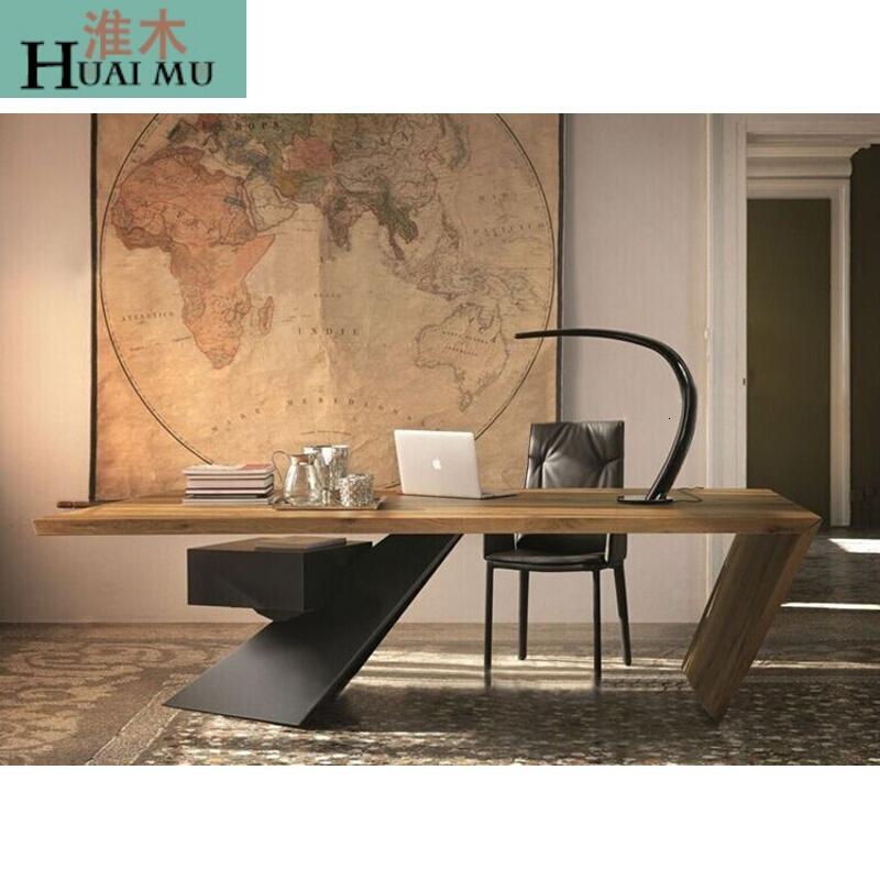 淮木（HUAIMU）工作台老板桌简约现公家具美式铁艺实木电脑桌办公桌书桌160*70*75_3 140*70*75厚度8cm