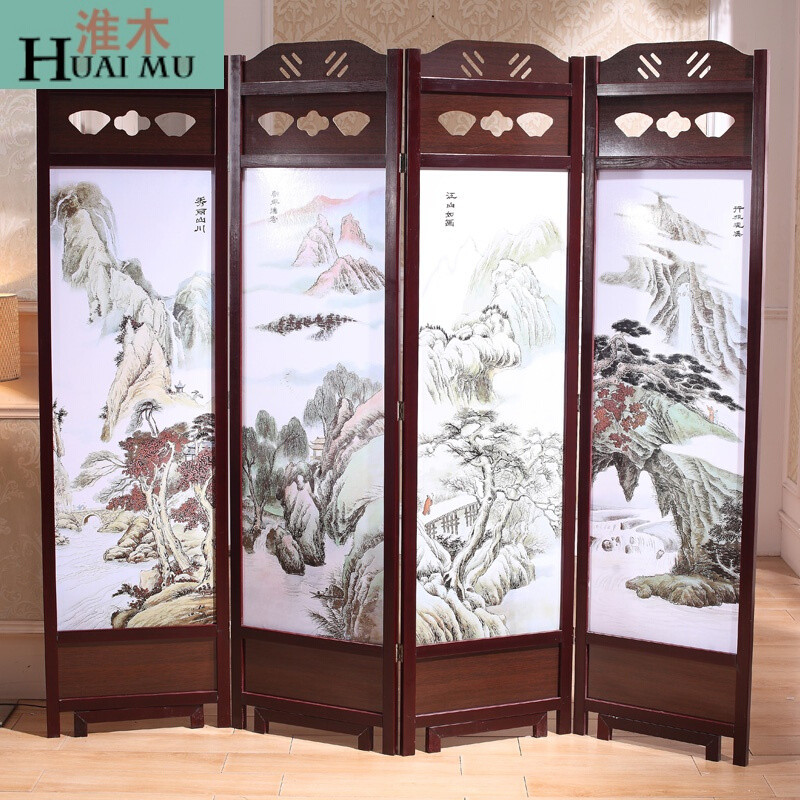 淮木（HUAIMU）中式屏风隔断办公室客厅酒店移动古典实木屏风中国风山水画折屏六扇(2米高 六扇门(2米高3米宽)山水画