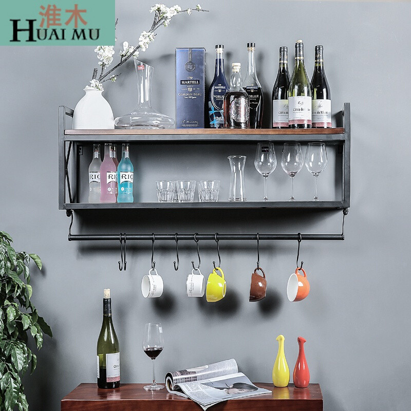 淮木（HUAIMU）欧式复古铁艺实木置物架壁挂厨房储物架浴室架星巴克挂杯架子上层无挡边80 60*20*48活动挂钩+上层加挡边