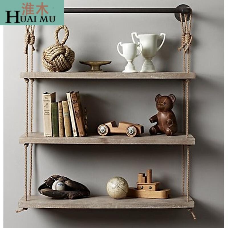 淮木（HUAIMU）美式铁艺复古实木麻绳书架古典壁挂架墙上置物架创意隔板搁板_6_3 3层80*25*95cm