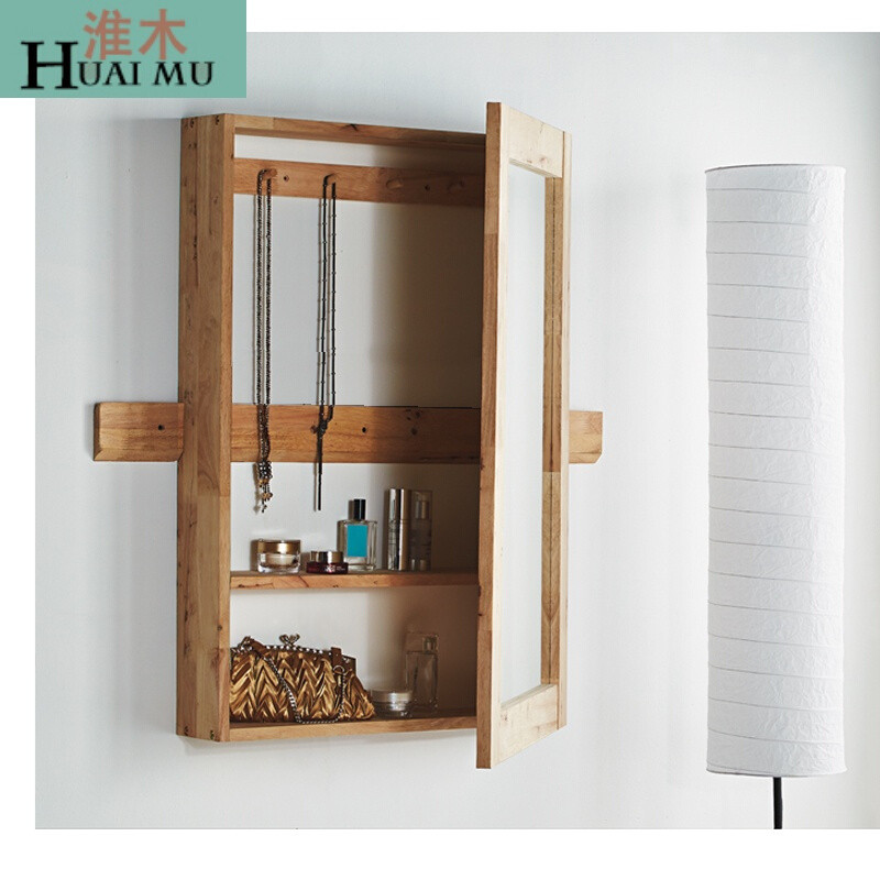 淮木（HUAIMU）简约现代实木卫生间收纳柜镜子时尚创意墙壁挂隔板厨房置物架原木色镜箱7 默认颜色