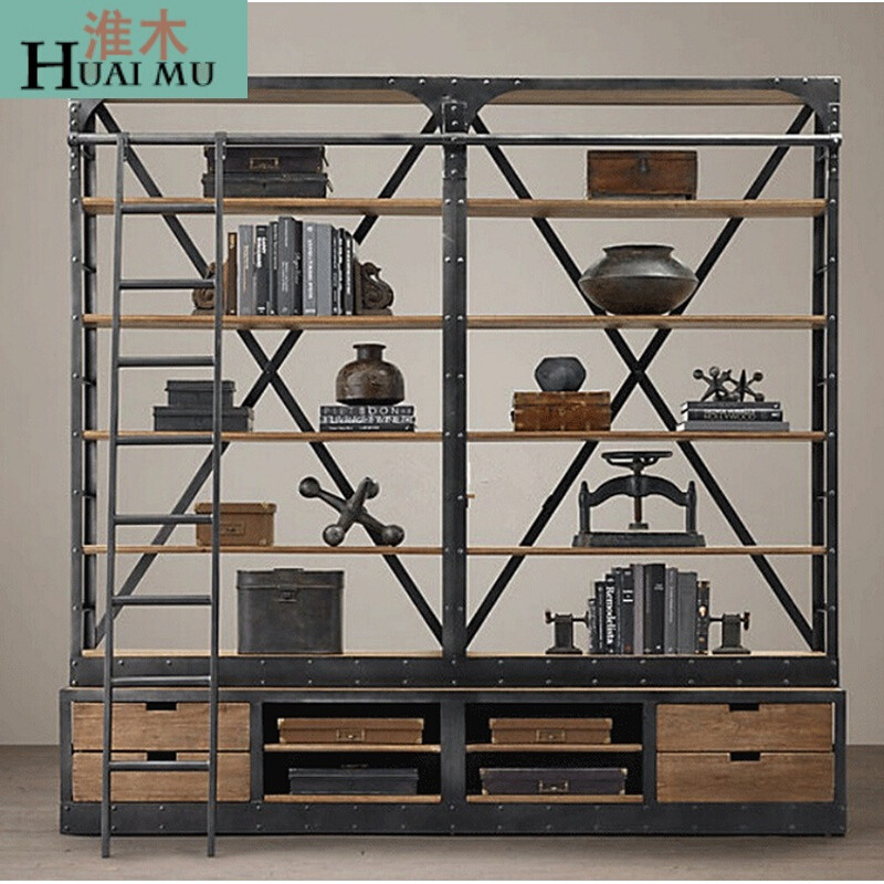 淮木（HUAIMU）美式货架实木书架钢木置物架落地楼梯架展示架陈列架复古书架 180*40*210