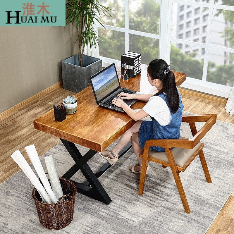 淮木（HUAIMU）美式复古铁艺电脑桌实木书桌防锈做旧餐桌loft会议桌办公桌写字台 140*70*75桌面5cm