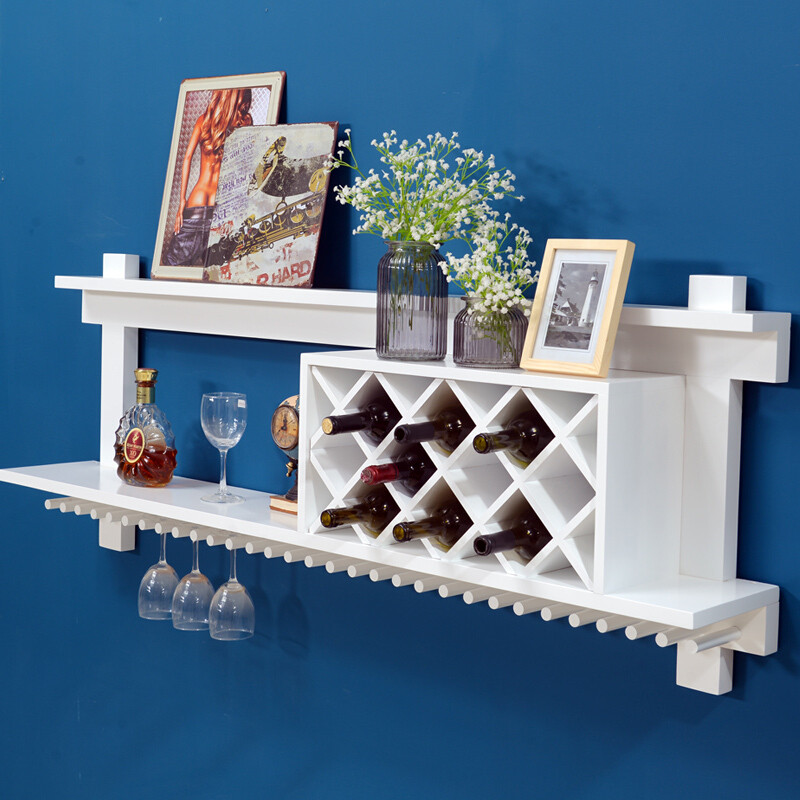 实木酒架壁挂欧式创意酒柜简约客厅餐厅红酒架悬挂吧台装饰置物架白色1.6米10个格子 白色1.6米10个格子