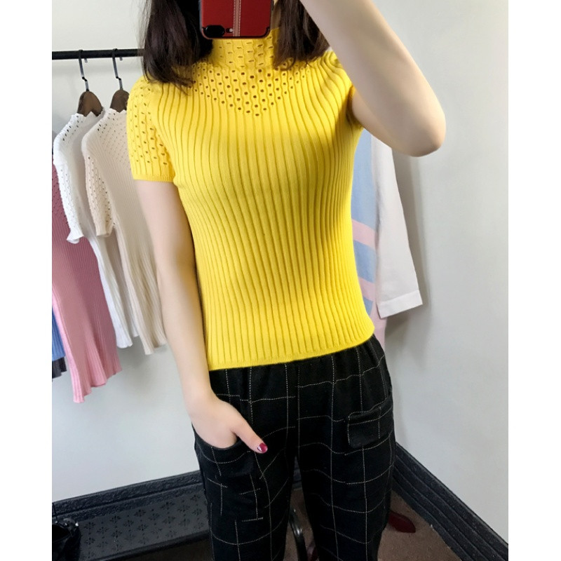 绒运利达新款针织短袖T恤女装上衣紧身羊绒套头百搭短款毛衣打底镂空夏季 S 黄色