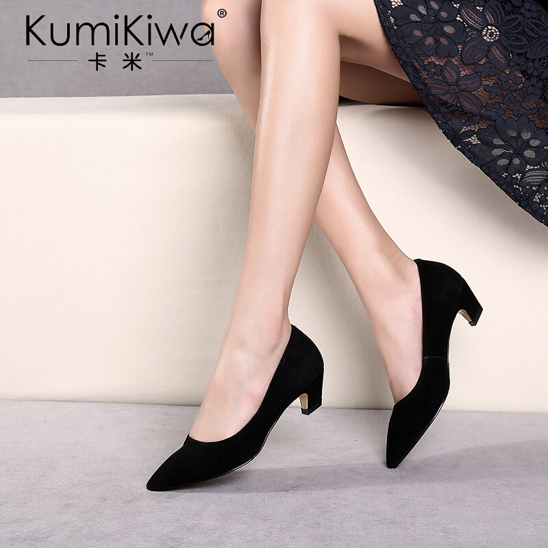 KumiKiwa卡米2018春季新款粗跟单鞋女中跟浅口真皮尖头工作鞋女猫跟鞋ol职业女鞋 黑色 34 统一颜色 36