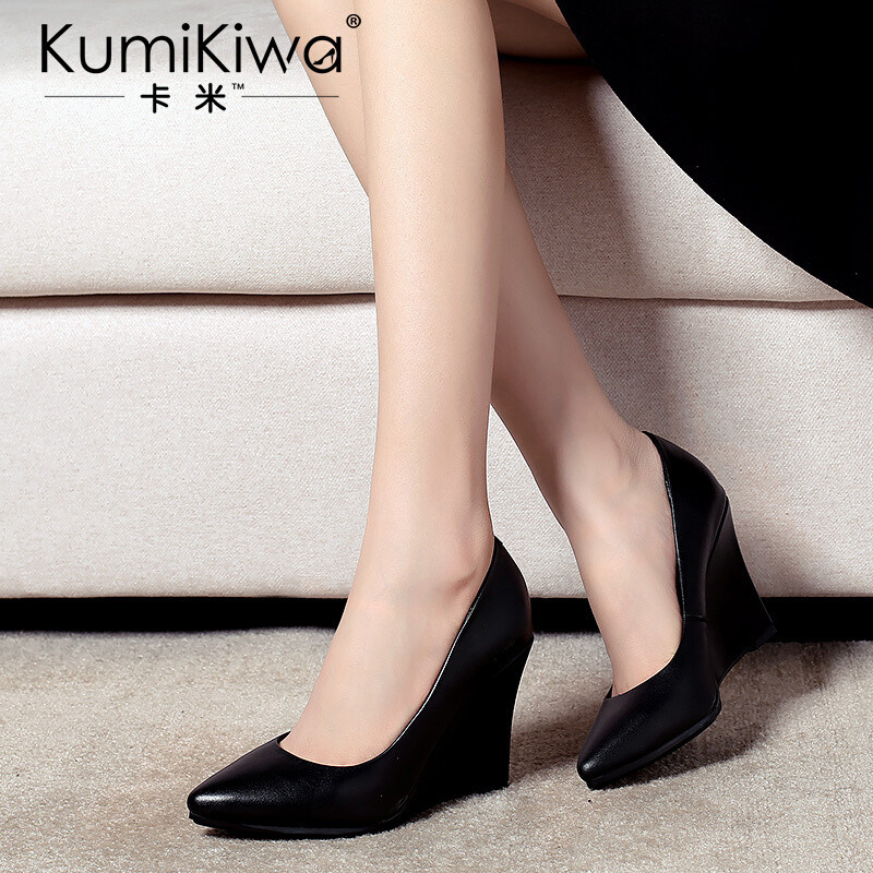KumiKiwa欧美新款单鞋时尚尖头浅口坡跟超高跟女鞋子 黑色 39 黑色 37