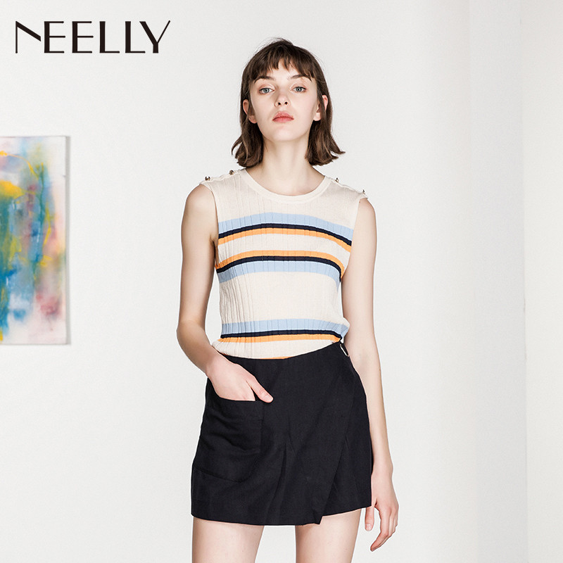 Neelly/纳俪2018夏季新款条纹显瘦舒适无袖针织T恤_1 L 晴空蓝