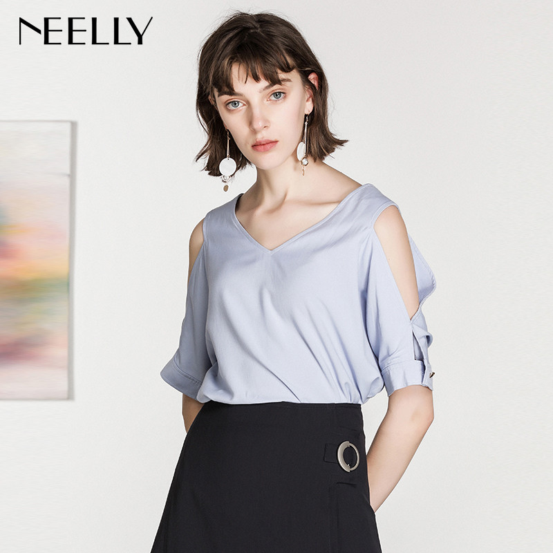 Neelly/纳俪2018夏季新款纯色V领露肩小性感雪纺衫T恤_1 L 晴空蓝