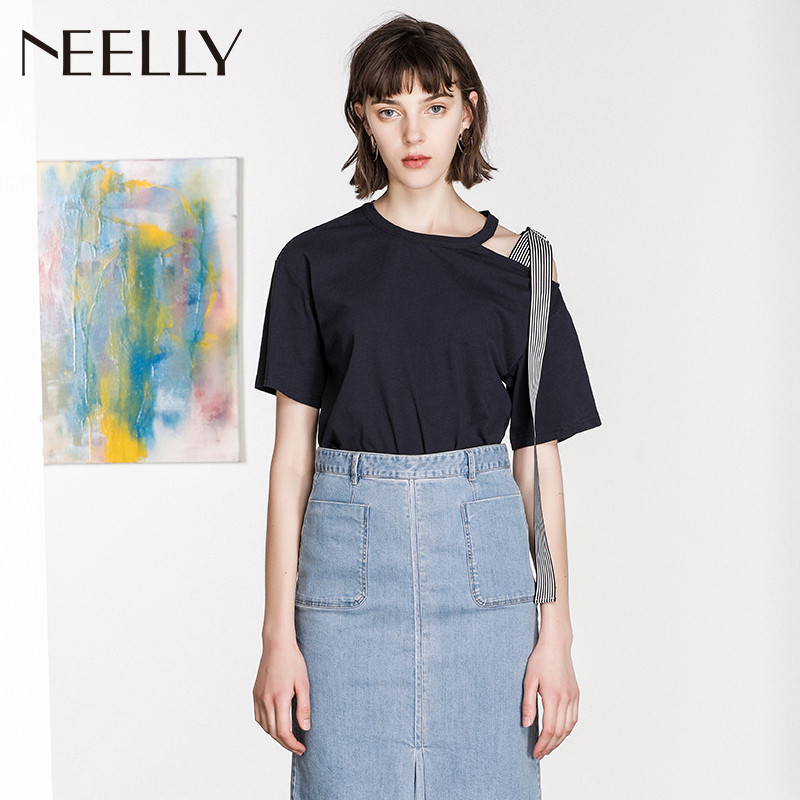 Neelly/纳俪2018夏季新款不对称斜领露肩不规则短袖T恤_1 XL 藏青色