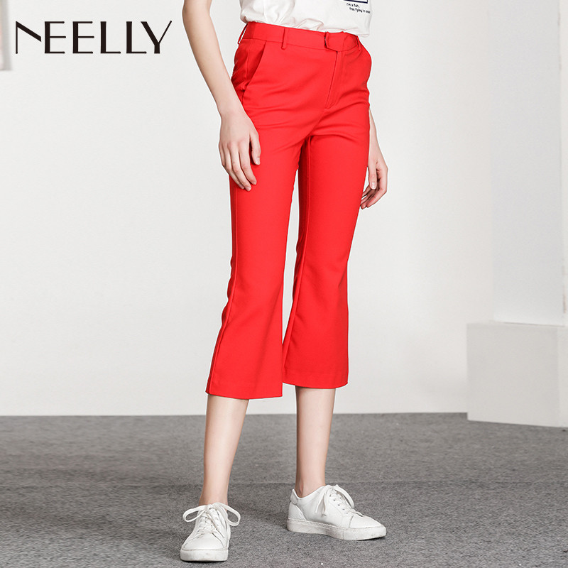 NEELLY/纳俪2018夏季新款纯色微喇显瘦九分裤休闲裤_1 XL 正红色