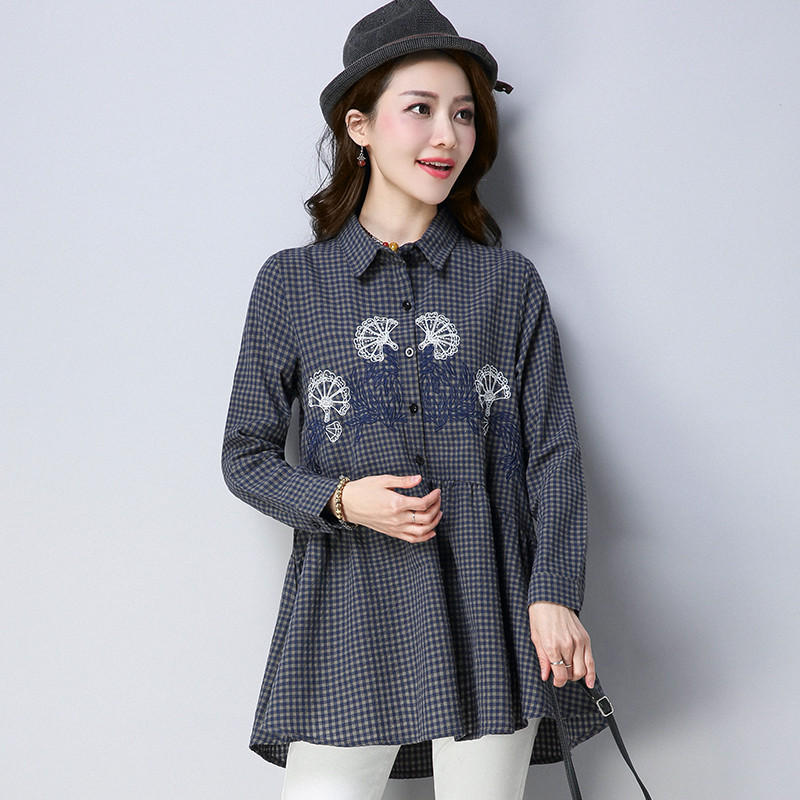 洛芊2018春季新款文艺复古棉麻刺绣娃娃衫上衣宽松大码格子长袖衬衫女 XL 蓝色