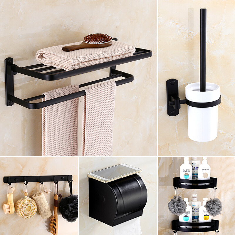 免打孔黑色毛巾架卫浴太空铝浴巾架卫生间置物架五金挂件套装_3 五件套2