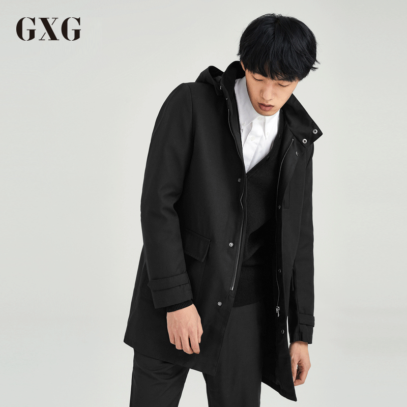 GXG风衣男装春季时尚修身黑色休闲长款风衣外套 185/XXL 黑色
