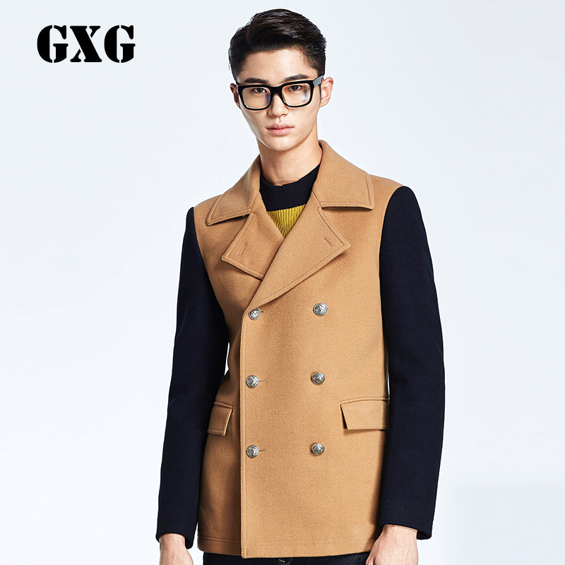 GXG大衣男装冬季男士时尚休闲都市商务流行杏色双排扣拼接外套 165/S 杏色