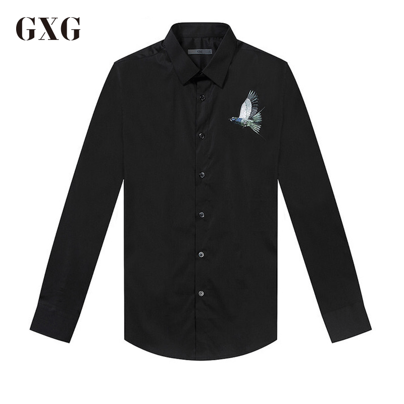 GXG长袖衬衫男装春季男士修身型黑色斯文长袖衬衫_1 185/XXL 黑色