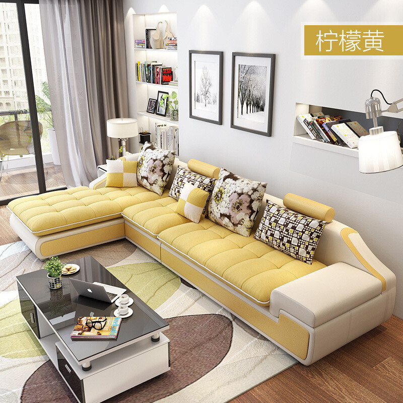 淮木现代客厅布艺沙组合大小户型灰色沙U型皮布沙L型可拆洗 柠檬黄