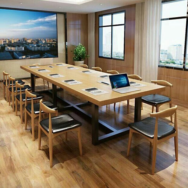 淮木loft工业风铁艺办公桌实木会议桌长桌简约大型洽谈桌工作台长条桌_2 240*100*75板8厘米