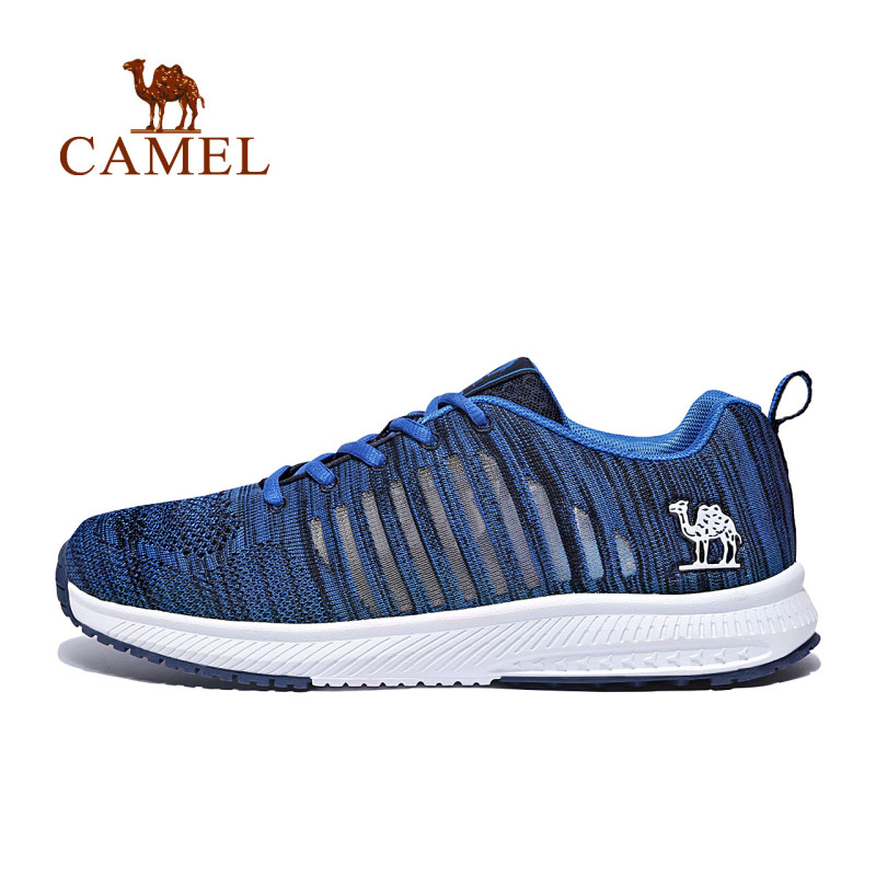 camel/骆驼运动鞋 2018春夏新款飞织跑步鞋透气休闲鞋男女轻便时尚跑鞋 A812303715，深蓝/宝蓝男 39码