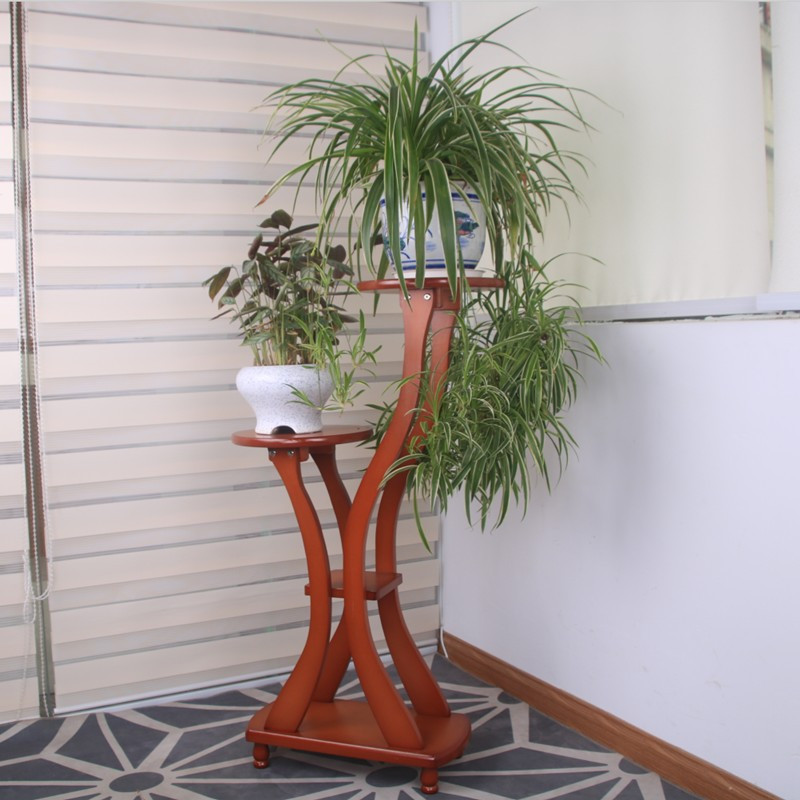 欧式花架实木多层落地花架子木制花架盆景架客厅室内花架绿萝_5 两托带脚栗红色