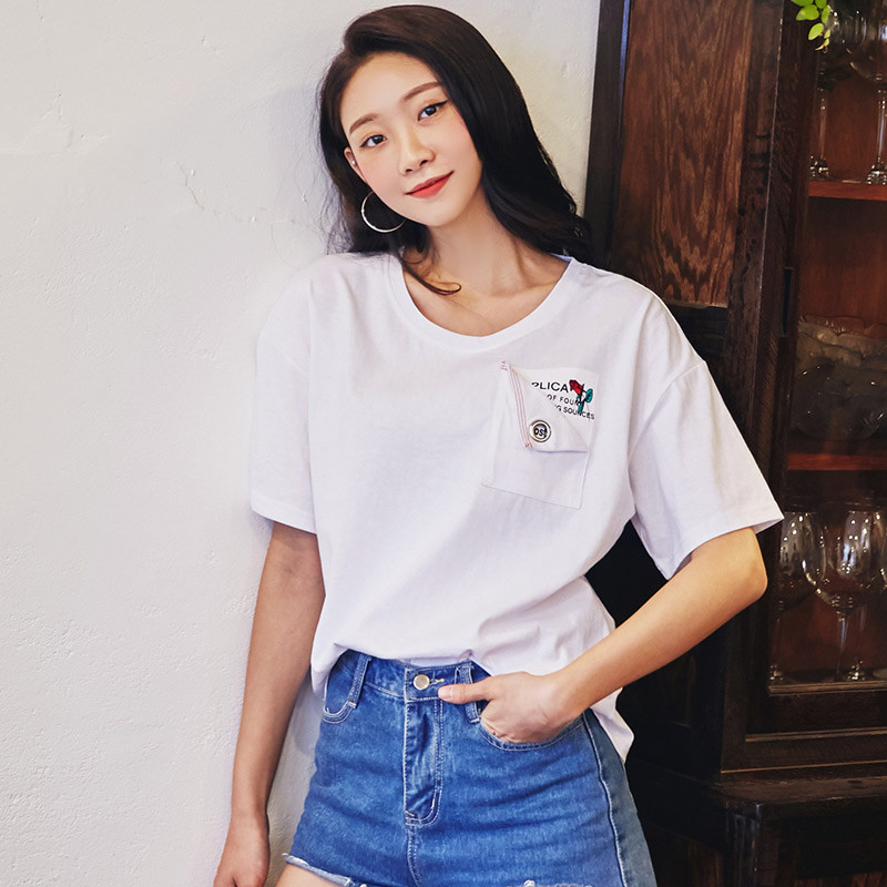 韩都衣舍2018夏装新款女装韩版宽松印花圆领打底短袖T恤NW9836棽_1 M 白色