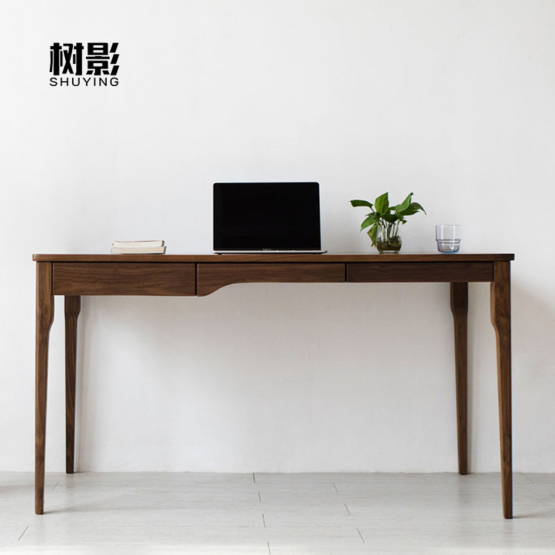 实木书桌北欧日式简约家用书房电脑办公桌抽屉写字台橡木黑胡桃木_6 胡桃木1.6（定制）