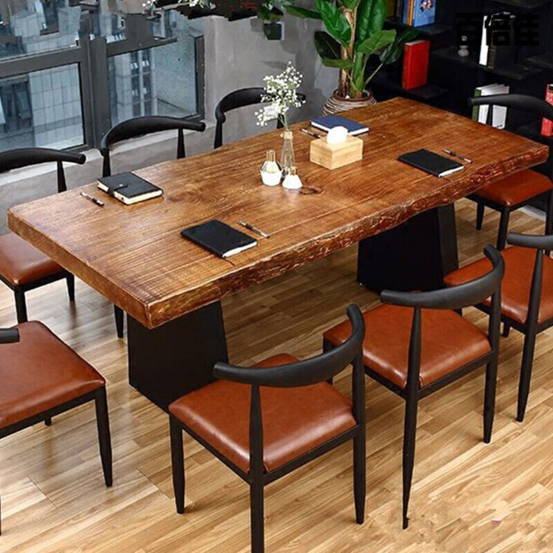 新款创意美式复古铁艺餐桌工业风格长方桌子实木家具大工作台办公会议桌 120*60*75松木5公分
