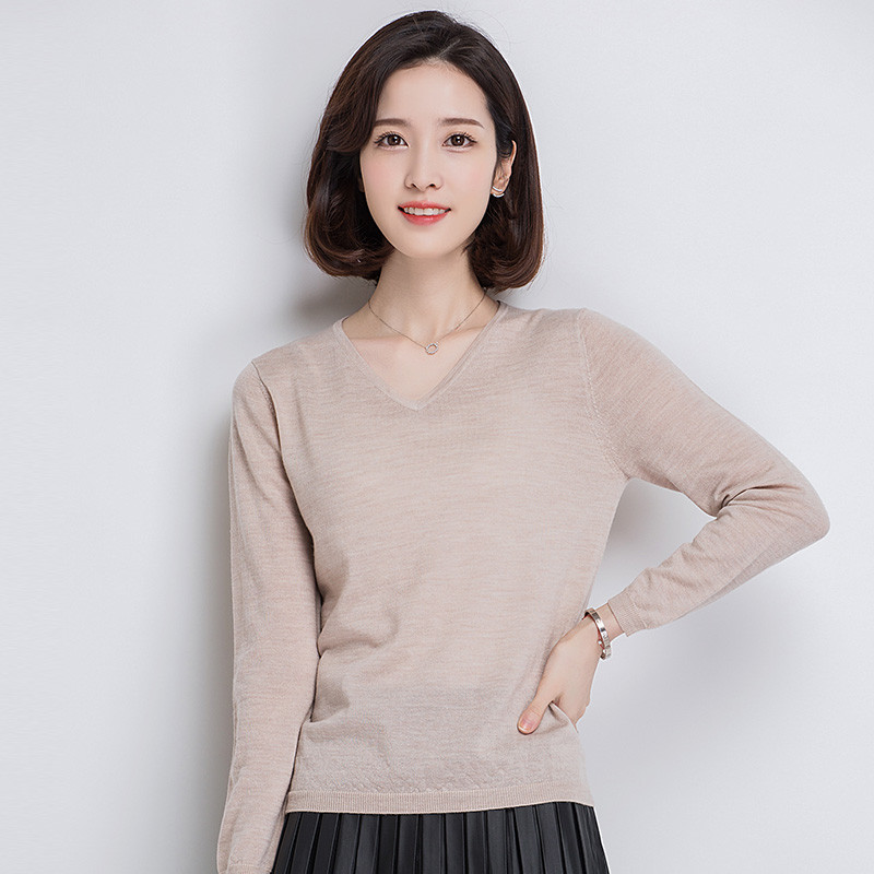 恒源祥针织衫女套头春装2018新款100%纯羊毛衫毛衣女装纯色空调衫 170/L 浅卡其