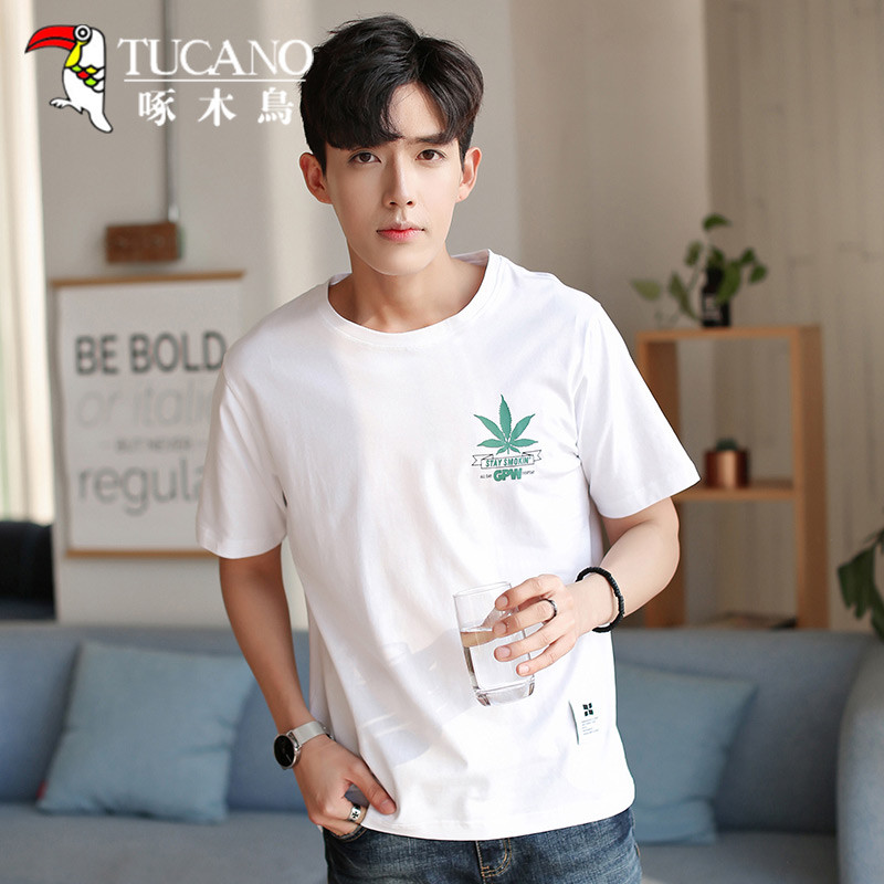 啄木鸟(TUCANO)箭短袖T恤男2018夏季新品青少年韩版印花学生打底白色体恤衫 18101ZM818 XXXL 白色