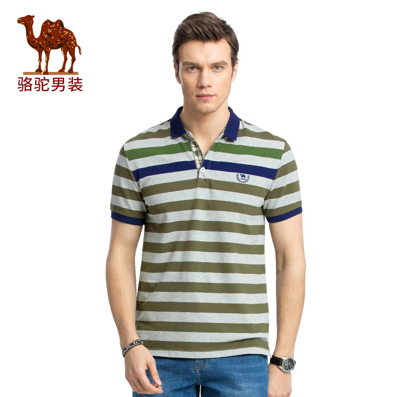 CAMEL 骆驼男装 夏季新款微弹修身翻领条纹POLO衫男青年短袖T恤衫 L 花灰