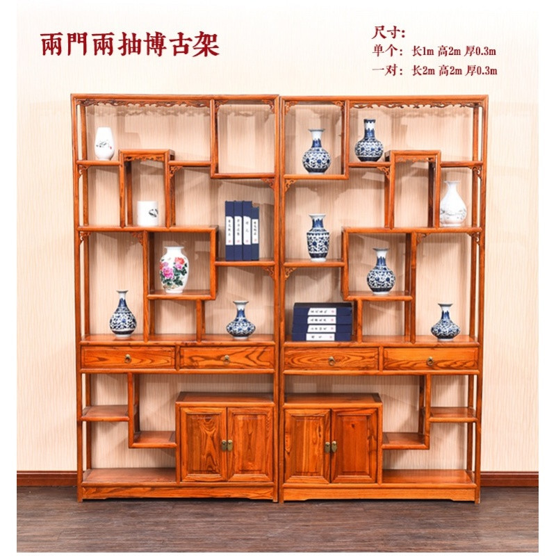 博古架隔断中式仿古实木南榆木客厅玄关置物架展示柜书架多宝阁_6 三联组合中间柜