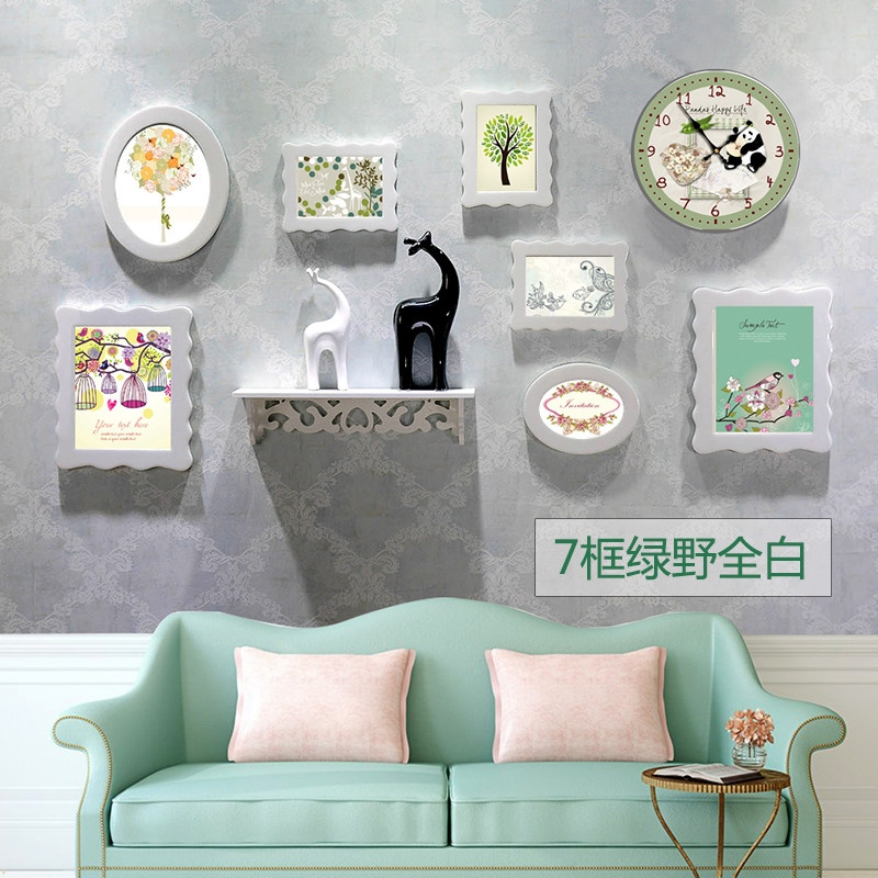 照片墙欧式韩式相框墙创意置物架组合相片框实木挂墙相框客厅卧室_9 7框水晶全白绿野清新
