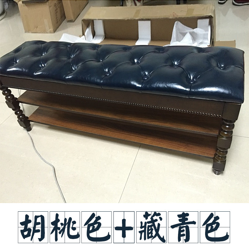 门口换鞋凳鞋柜美式实木真皮凳收纳凳欧式拉扣储物凳多层穿鞋凳子_5 胡+藏青色真皮翻盖60*35*48拉扣款