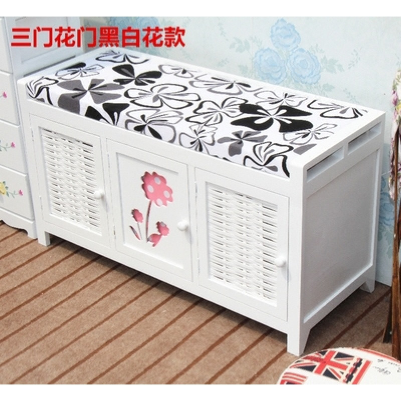 实木换鞋凳门厅简约现代多功能带门长收纳凳穿鞋凳子鞋柜储物凳_6 三门花门黑白花款