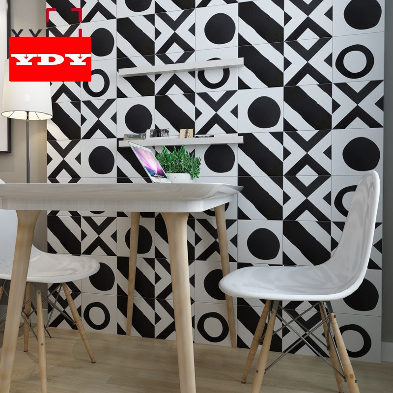 现代高档黑白瓷砖几何拼花花砖餐厅防滑地砖厨卫墙砖背景花片200