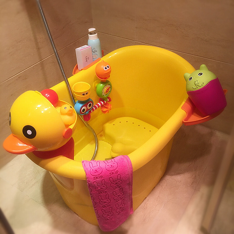 超大号儿童洗澡桶宝宝浴桶塑料泡澡桶婴儿浴盆小孩沐浴桶可坐加厚_2 大号黄色+向日葵