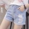 简妮薇短裤牛仔裤女夏2018新款韩版破洞宽松学生卷边阔腿裤热裤 深蓝色 32码
