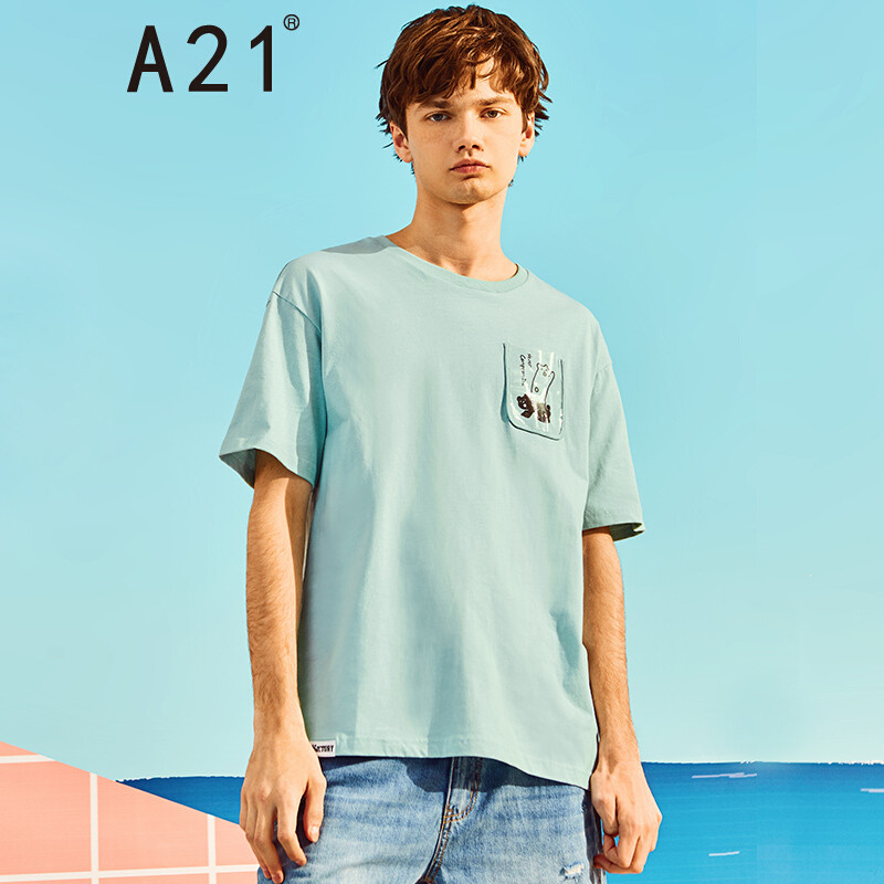 A21以纯线上品牌2018夏季新品男装短袖T恤男宽松圆领落肩短袖男T恤4821330093 175/88A/L 粉青蓝