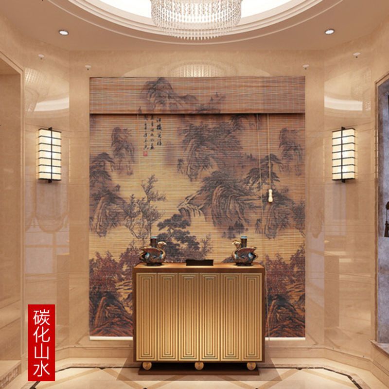 印花竹帘卷帘窗帘水墨山水系列遮光隔断背景装饰客厅别墅民宿厨房_375 默认尺码 米白色_碳化山水