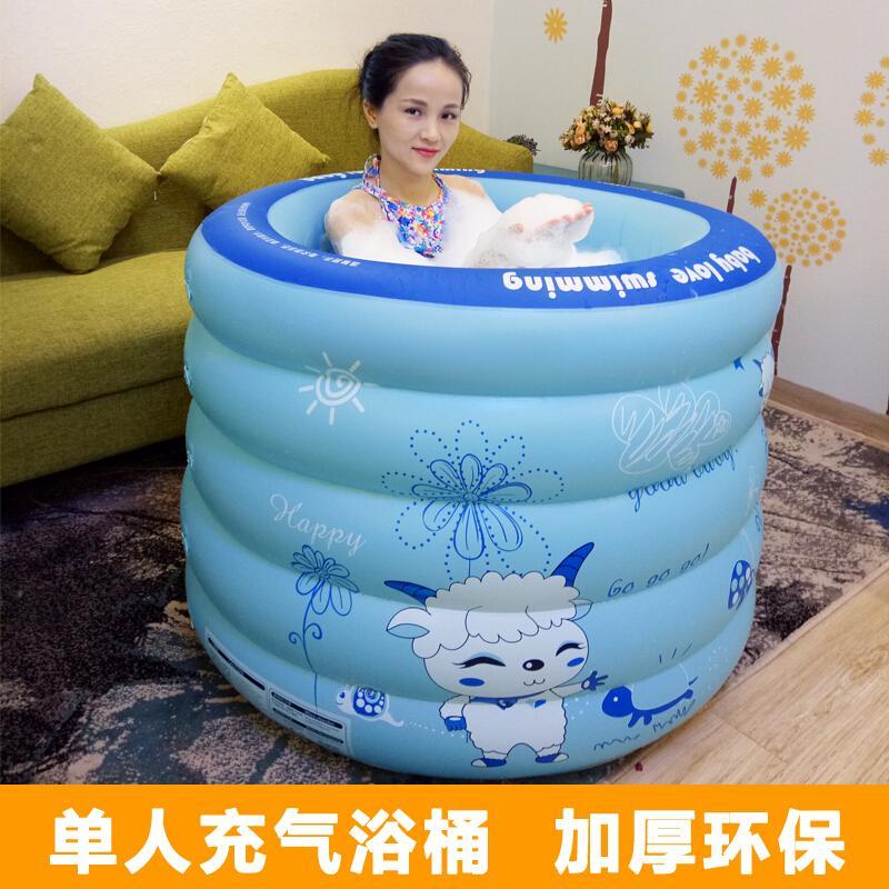充气浴桶泡澡桶折叠浴缸加厚塑料洗澡桶两用婴儿泳池_1 圆形蓝色基础套餐