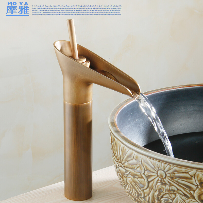 全铜卫生间瀑布冷热水仿古龙头台上艺术盆加高浴室个性创意水龙头 银色矮(台下盆)